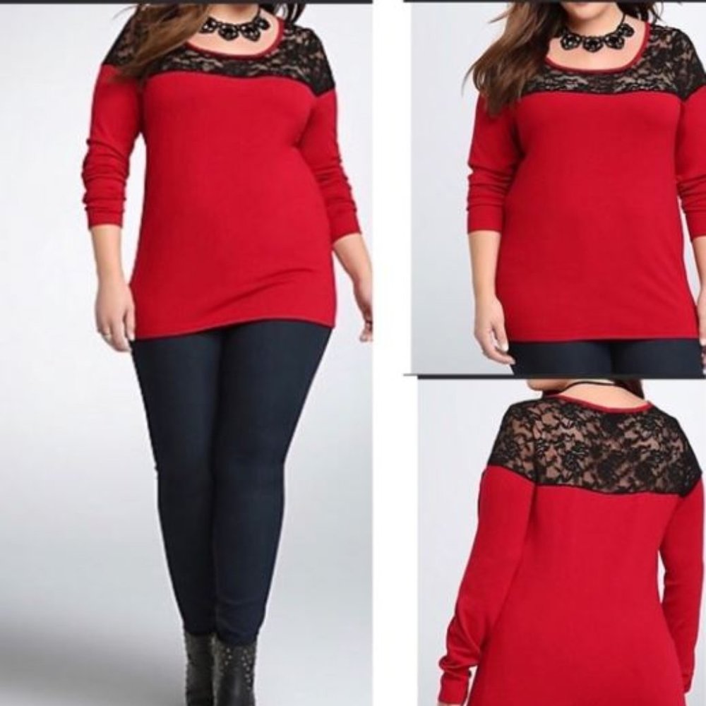 Torrid Red Sweater Black Lace Inset Pullover